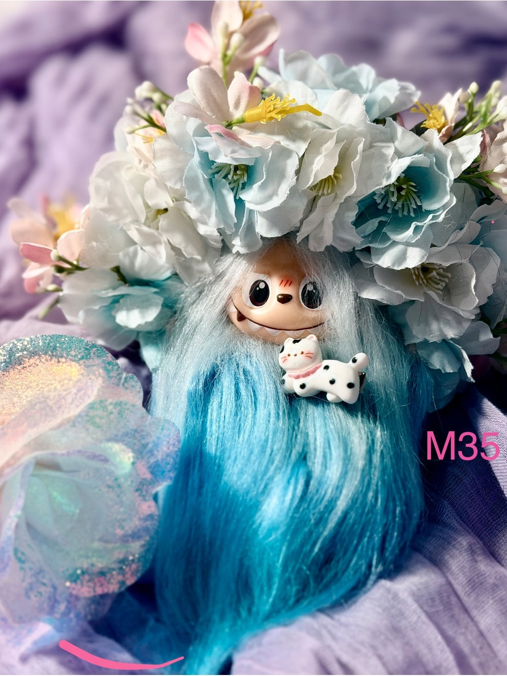 Kawaii Blue-Teal Plush Doll with Floral Crown